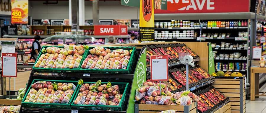 Supermarket with sale signs