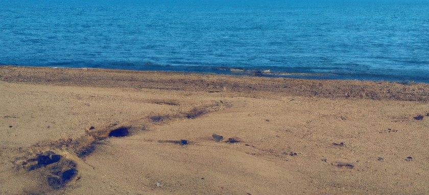 Sandy beach with footprints and blue ocean